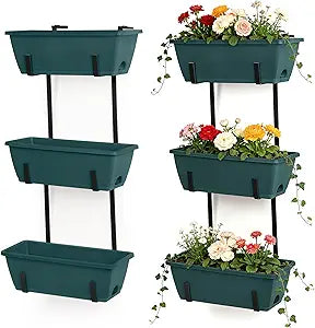 Window Boxes Planters with Adjustable Brackets Set of 2 Outdoor Fence Planters, Over the Deck Railing Planter Box with 6 Pack Hanging Plastic Flower Pots, Drainage Holes for Balcony, Patio, Green