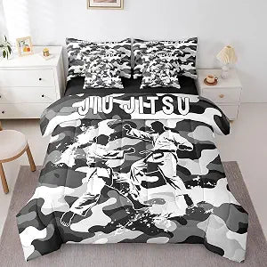 Manfei 7 Pieces Jiujitsu Comforter Set Twin Size, Japanese Judo Sports Theme Bedding Set, Grey Camouflage Print Bed in A Bag with Comforter, Sheets and Pillowcases, Kids Boys Teen Room Decor