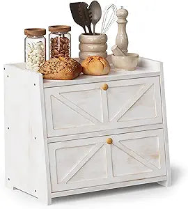 Trironsun Vintage Double Layer Bread Box for Kitchen Counter Bamboo Bread Storage Container Large Capacity Bread Storage Bin (Antique White)