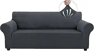 Asnomy Couch Covers for 3 Cushion Couch Stretch Sofa Covers Slipcovers, Pet Protector Furniture Covers for Dogs Cats Spandex Jacquard Fabric Small Checks LargeCharcoal Ash