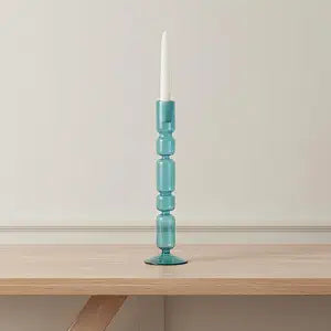Glass Candle Holder  Taper Candle Holders and Pillar Candle Stand for Table Decor, Dining Table, Mantel, or Console, Bubble Design Accent for Collected Home Decor  4"x 4"x 14", Blue