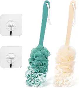 2Pack Back Scrubber for Shower Loofah with Long Handle, Shower Brush for Body, 17��� Loofah on a Stick for Men Women Bathing Accessories, Scrubber Sponge for Exfoliating Bath Brushes (Beige & Green)