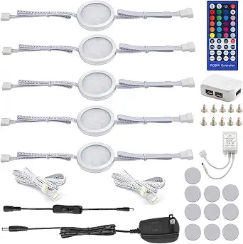 AIBOO 24V Color Changing LED Puck Lights Dimmable, Multicolor Under Cabinet Lighting Linkable with Remote for Counter, Cupboard, Showcase, Display (RGBW, 5 Packs)