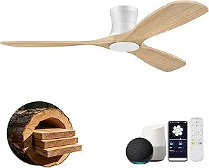 52" Wood Smart Ceiling Fans with Lights Remote,Low Profile Flush Mount Ceiling Fan for Modern Bedroom Patio,Alexa&App Control,Outdoor Indoor Use,Natural Wood&White,3 Blades,Dimmable,Ultra-Quiet