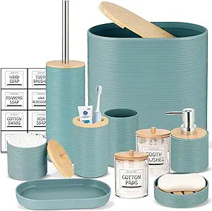 IMAVO Bathroom Accessories Set 11PCS,Complete Bathroom Organizer with Trash Can,Soap Dispenser,Toothbrush Holder,Toilet Brush & Qtip Holders,Modern Plastic Bathroom Decor for Home & Apartment (Blue)