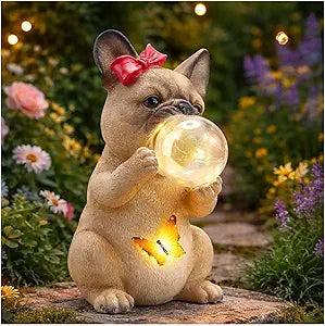 9.8" Solar Dog Garden Statue with Bubble & Butterfly Lights, Cute Sitting Puppy Resin Outdoor Decor, Waterproof Solar Powered Animal Statue for Yard, Lawn, Garden