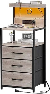SZLHANJZ Night Stand with Charger Station, 3 Drawers Nightstand with Storage and LED Lights, Shelves, and Hooks, Bed Side End Table for Bedroom Dorm, Greige