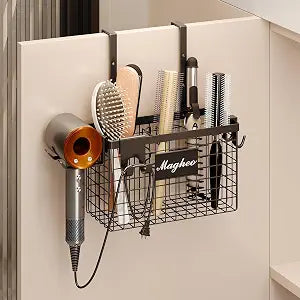 Magheo Hair Dryer Holder Cabinet Door 3-in-1 Adhesive Hair Tool Organizer Wall Mounted Adjustable Height Blow Dryer Holder Under Sink Bathroom Hair Appliance Organizer and Storage Countertop(Black)