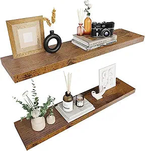Colima Bathroom Floating Shelves for Wall, 36" Floating Wall Mounted Shelf, Rustic Wood Storage Display Shelves for Home Organization, Bathroom, Kitchen, Living Room (Set of 2, Rustic Brown)