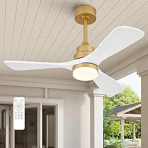 42 Inch Ceiling Fan with Lights, Remote Control, Dimmable, Solid Wood Blades, Power-Off Memory, Quiet DC Motor, Modern White and Gold Ceiling Fan for Farmhouse Living Room Bedroom Patio Outdoor