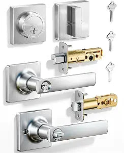 Veise Modern Square Front Door Handle Set with Deadbolt, Satin Nickel