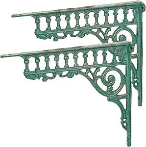 Sungmor 10.6 Inch Cast Iron Green Brackets for Shelves, 2PC Vintage Metal Decorative Angle Support Doorway Bracket, Heavy Duty Victorian Shelves Corbels, Wall Mounted Floating Shelf Bracket