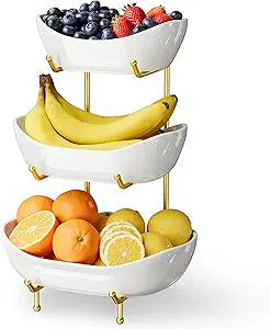 3 Tier Ceramic Fruit Bowl for Kitchen Counter  Fruit Basket with Gold Metal Stand, Fruit Holder for Snacks, Nuts, Cakes, Desserts, Bread, Candy Storage