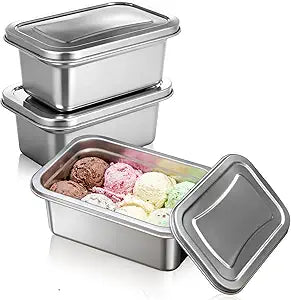 3 Pcs Reusable Stainless Steel Ice Cream Storage Containers with Lids 1.2 Quart Homemade Ice Cream Freezer Storage Ideal for Kitchen Use, Fruit, Freezer 7.6 x 4.9 x 2.8 Inch