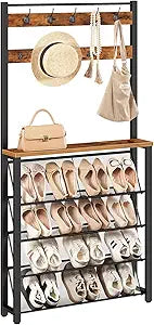 HOOBRO Hall Tree with Bench, Narrow Shoe Rack with Coat Rack, Coat Rack with Shoe Storage, 5 Tier Slanted Shoe Storage Organizer, Coat and Shoe Rack Entryway, Slim Hall Tree, Rustic Brown BF20MT01