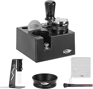 IKAPE 58mm Black Espresso Tool Set 8 IN 1, Coffee Tamper, Distributor, Magnetic Funnel, Puck Screen, Tamper Station, Stirrer Distribution Tool, Cleaning Towel and Brush