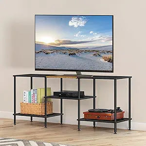 BTY 50 inch TV Stand 3 Tier Entertainment Center with Storage Shelves Small Tall Television Console Table with Metal Frame, Industrial TV Cabinet for Living Room Bedroom, Black