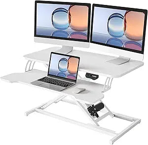 YIHAYO Electric Standing Desk Converter 32 inch, Sit to Stand Up Height Adjustable Desk Riser, Quick Sit to Stand Tabletop Dual Monitor Riser Workstation for Home Office with Keyboard Tray, White