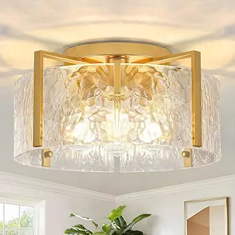 16'' Modern Gold Semi Flush Mount Ceiling Light, 4-Light Glass Drum Light Fixtures, Ceiling Lights for Hallway Entryway Bedroom Kitchen Canteen Bedroom Laundry Room Lighting Fixture Bulbs not Included