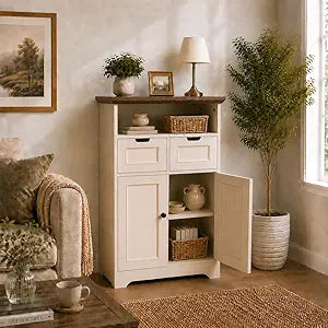 Farmhouse Storage Cabinet with Barn Door & Adjustable Shelf, Narrow Bathroom Floor Cabinet, Small Kitchen Pantry Cabinet, Freestanding Organizer for Laundry Room, Living Room, White