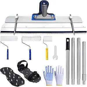 Self-Leveling Cement & Epoxy Floor Tool Kit  Rake, 9 Spike Rollers, 4 Paint Roller, Spiked Shoes, Extension Pole, Gloves & Accessories