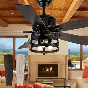 Farmhouse Rustic Ceiling Fan with Lights, 52 Inch Industrial Ceillng Fan Outdoor Ceiling Fan for Patio, Large Airflow Reversible Dual Finish Blades Rustic Fan for Indoor with Timing Function