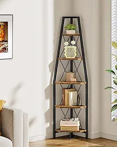 CHOEZON 5-Tier Corner Shelf, Corner Bookshelf, Ladder Shelf, Floor Standing Storage Rack, Open Display Stand, Plant Stand, for Living Room, Bedroom, Study, Bathroom, Rustic Brown and Black TCJ22BF