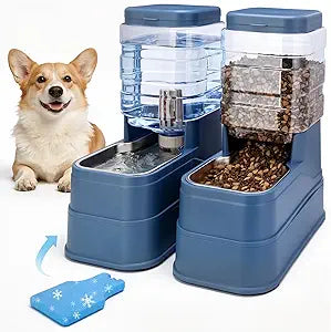 Automatic Cat Feeder and Water Dispenser with Stainless Steel Bowl with Ice Pack Gravity Food Feeder and Waterer Set Feeding Raised Bowls with Filter for Dog 1.3 Gallon x 2(Blue)