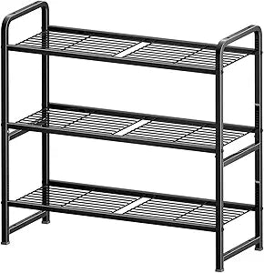 3 Tier Simple Shelf Organizer for Indoor Outdoor, Waterproof Heavy Duty Steel Shelving Unit Plant Stand for Living Room Bathroom Balcony Garden, Easy Assemble, Pitch Black