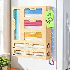 Magnetic Storage Bag Organizer 6 In 1 Ziplock Bag Organizer for Fridge and Drawer, Foil and Plastic Wrap Organizers with Cutter, Food Storage Bags Organizers for Gallon Quart Sandwich Snack
