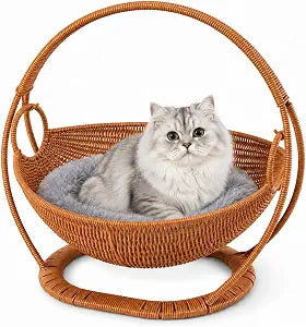 Wicker Cat Bed Elevated Cat Lounger Multifunctional Pet Furniture with Removable Cushion for Indoor Pets