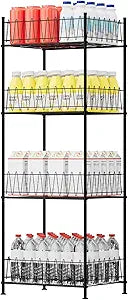 smusei Water Bottle Organizer Rack 4 Tier Free Standing Bottled Water Storage Organizer for Floor, Metal Beverage Soda Can Dispenser Shelf Holder Stand for Kitchen Pantry Office, Black