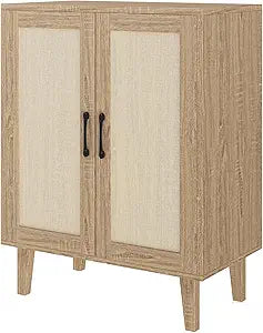Panana Buffet Cabinet Sideboard with Rattan Decorated Doors Kitchen Storage Cupboard Accent Cabinet (Natural Wood)