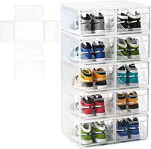 Large Shoe Boxes Clear Plastic StackableDrop Front Shoe Box with Clear Door, Shoe Containers For Sneaker Display,Fit up to US Size12 (white clear-Conjoined structure, 10 pack)