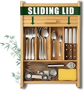 KozyKoala & Co. Bamboo Drawer Organizer with Sliding Lid - 5 Slot Kitchen Drawer Organizer & Utensil Holder - Wood Bamboo Cutlery Tray for Flatware & Multipurpose Storage for Home & Office