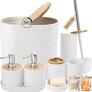 XLHOMO White Bathroom Set, White Bathroom Accessories Set with Trash Can, 2PCS Soap Dispensers, Soap Dish, Toothbrush Holder, Toothbrush Cup,Toilet Brush, Tray and Qtip Holders for Bathroom Decor