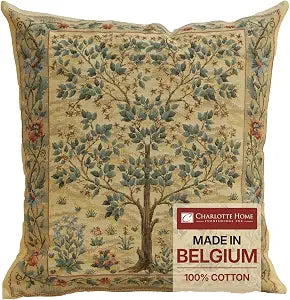 Charlotte Home Furnishings Inc Tapestry Tree of Life Throw Pillow Covers 18x18, European 100% Cotton Jacquard Woven Fabric, Boho & Vintage Inspired Decorative Cushion for Living Room and Sofa