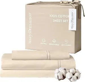 Twin XL Sheet Set, 500 TC Single-Ply Cotton Sateen, 3-Piece, Cream Beige