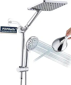 PDPBath High Pressure Rainfall Shower Head with Handheld Combo, Height Adjustable Dual Handheld Shower Head Combo with Slide Bar for Easy Reach, Chrome