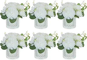NUPTIO Small Fake Flower in Vase: 6 Pcs Silk Artificial Flowers with Clear Glass Vases for Living Room Bathroom Office Decor - Faux Rose Mums Floral Arrangements Wedding Dining Table Centerpiece