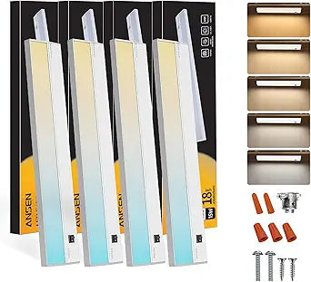 Ansen 4Packs of Under Cabinet Lighting Hardwired, 18IN 15W 998LM, Dimmable Led Light for Kitchen/Bar/Closet, CRI>92, R9>90, 5 Color Temperature, 2700K-5000K(Warm White, Cool White, Daylight)