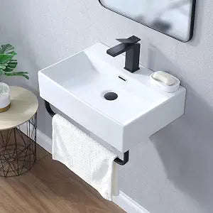 Wall Mounted Bathroom Sink with Towel Rack, 20" x 14" Modern Bathroom Ceramic Wall Mount Vessel Sink, Commercial White Rectangular Porcelain Sinks for Small Bathrooms Wall Hung