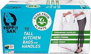 Hippo Sak - Plant Based Tall Kitchen Garbage Bags with Ergonomic Handles - 13 Gallon Trash Bags - Recyclable & Eco Friendly - Super Strong and Leak Proof Tall Kitchen Trash Bags (90 Count)