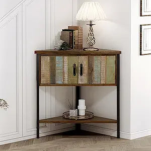 Solid Wood Corner Cabinet with Storage - Entryway Cabinet with Storage, Small Space Solution for Living Room, Apartment, Rustic Cabin Style Accent Table (Natural Blue)