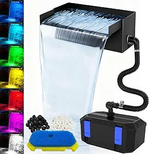 All-in-1 Pond Waterfall Kit | 550GPH Pond Filter Pump | 8-inch Stainless Steel Waterfall Spillway | Remote Control LED Lights | 4-Stage Filtration Outdoor Waterfall for Water Feature, Garden, Pool