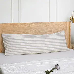 S VICTORY SYMBOL 100% Organic Linen Body Pillowcase,French Natural Striped Linen Body Pillow Cover 20x54 Inch,Beige Stripe Body Pillowcase,Breathable & Moisture-Absorbing,Envelope Closure