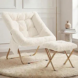 Comfy Saucer Chair for Adults, Foldable Living Room Chairs, Soft Faux Fur Lounge Chair for Bedroom, Reading Chairs, X-Large (Ottoman-White)
