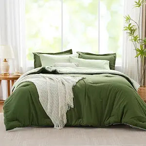 Queen Comforter Set Green 7 Pieces, Bedding Set, Soft Bed in a Bag with Comforter, Sheets, Pillowcases & Shams, All Season Boho Queen Bed Set