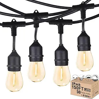 Outdoor String Lights LED 150FT Waterproof Heavy-Duty Patio Lights String with 50 Dimmable Shatterproof Plastic Edison Bulbs(4 Extra) for Gazebo Pergola Bistro Lights Connectable