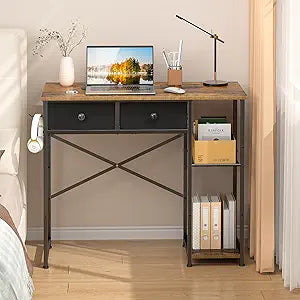 DAOUTIME Small Computer Desk, 36 Inch Writing Desk with Drawers & Storage Shelves, Home Office Writing Desk for Small Spaces, Bedroom, Living Room, Dorm, Rustic Brown